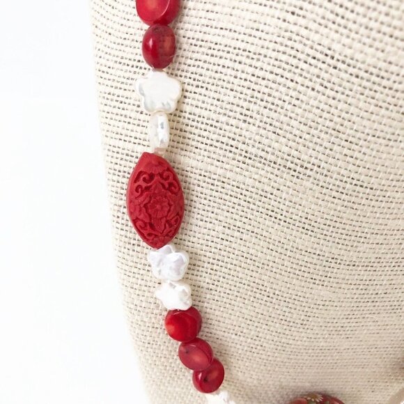 NWT Genuine Red Coral, Carved Cinnabar & Pearl Necklace Beaded - Picture 3 of 6